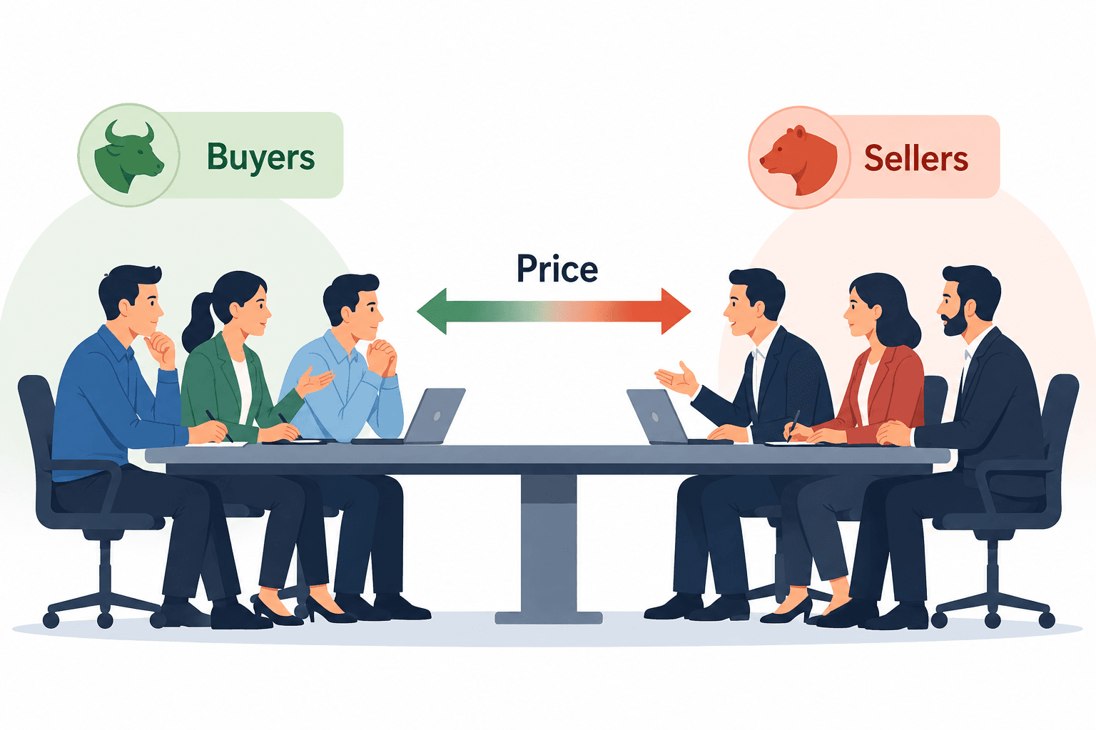 Buyers and sellers meeting across a table with price in the middle