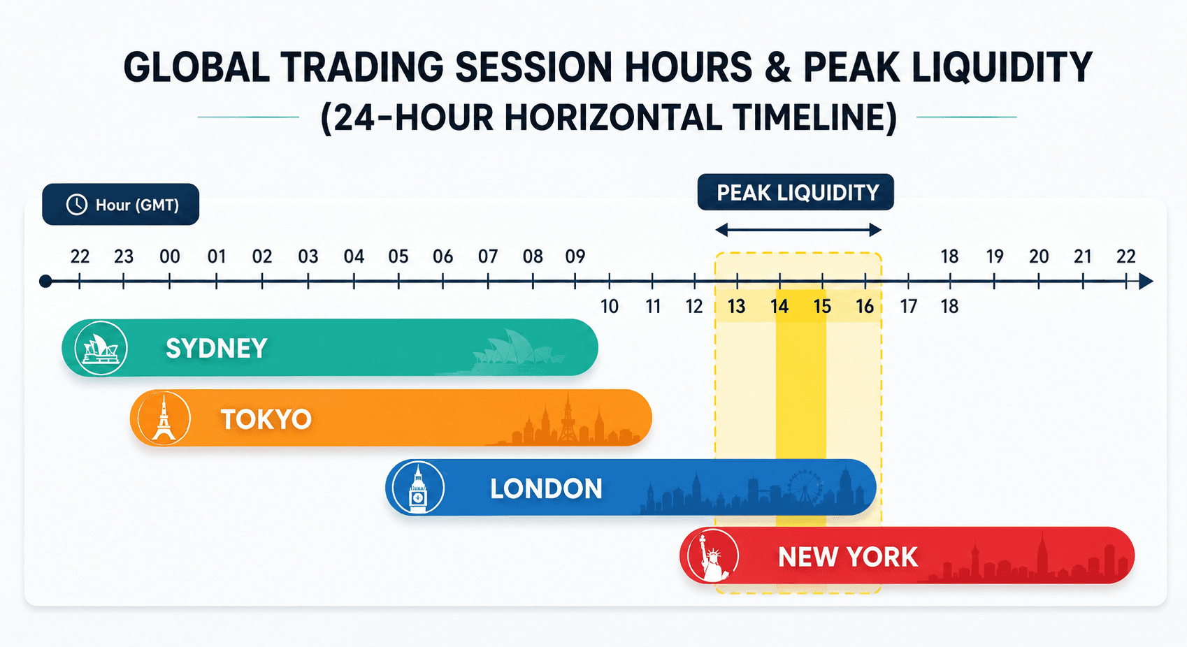 24-hour global trading session timeline with London–New York peak liquidity highlighted